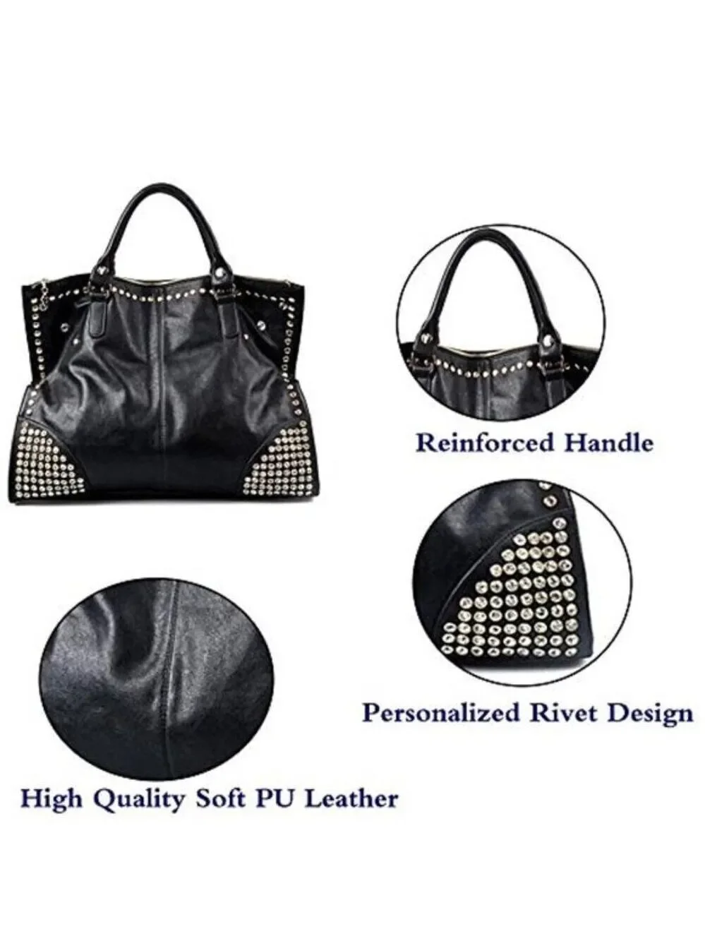Black Vegan Leather Rivet Satchel Tote Top Handle Shoulder Bag Adjustable Strap